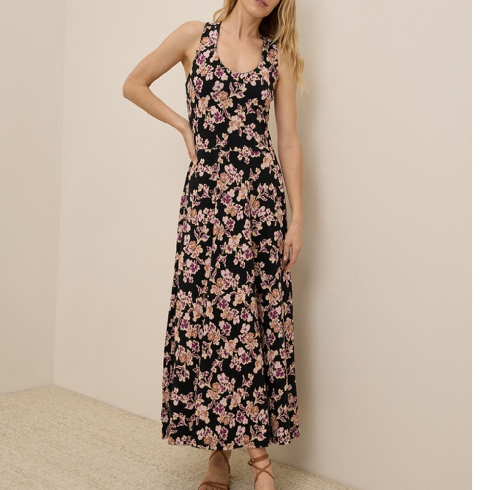 NWOT Pact Organic Cotton Floral Black Fit & Flare Open Back Maxi Dress Medium
